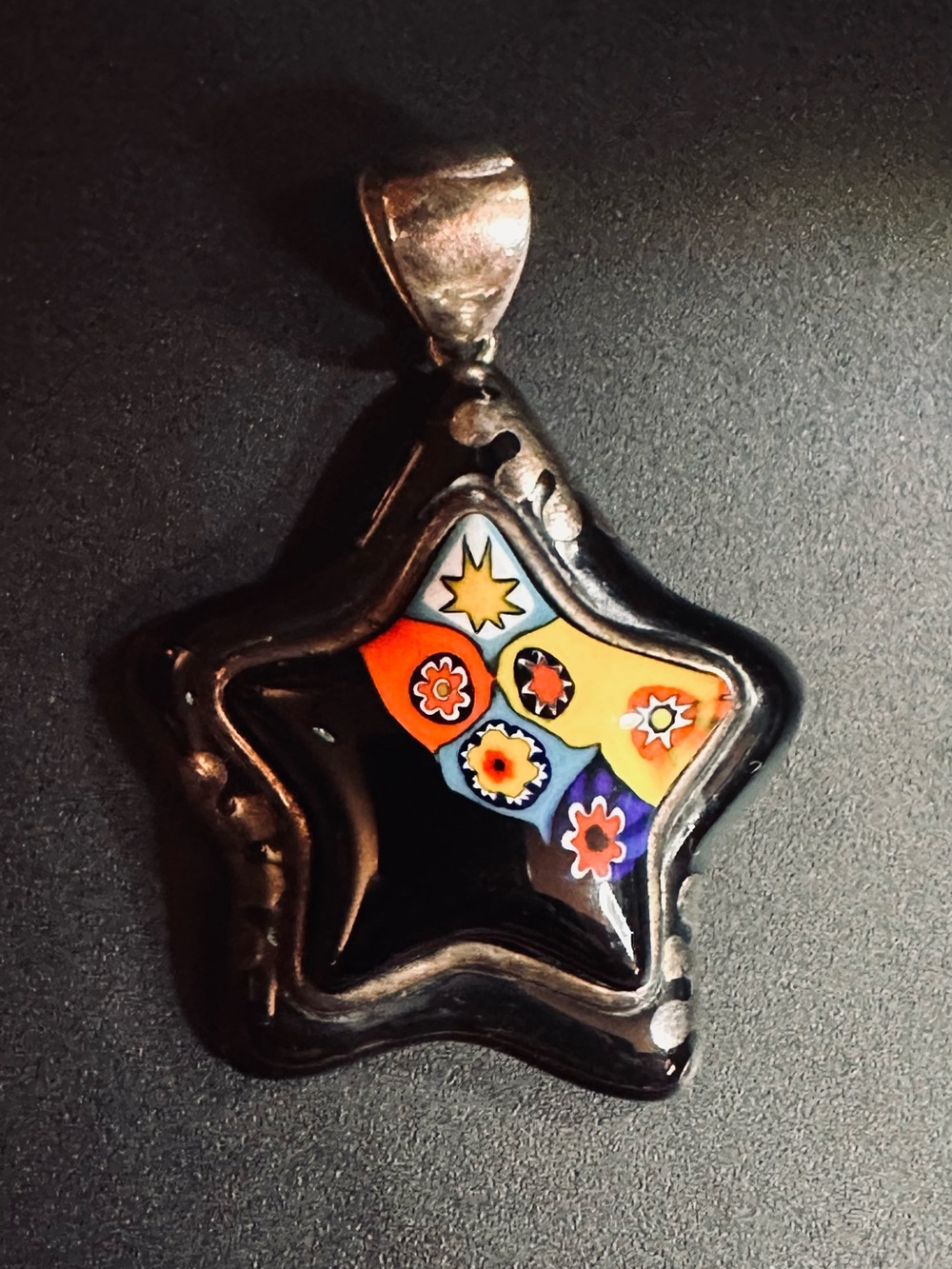 Alan K 925 Sterling Silver Black Murano Millefiori Glass Star Pendant